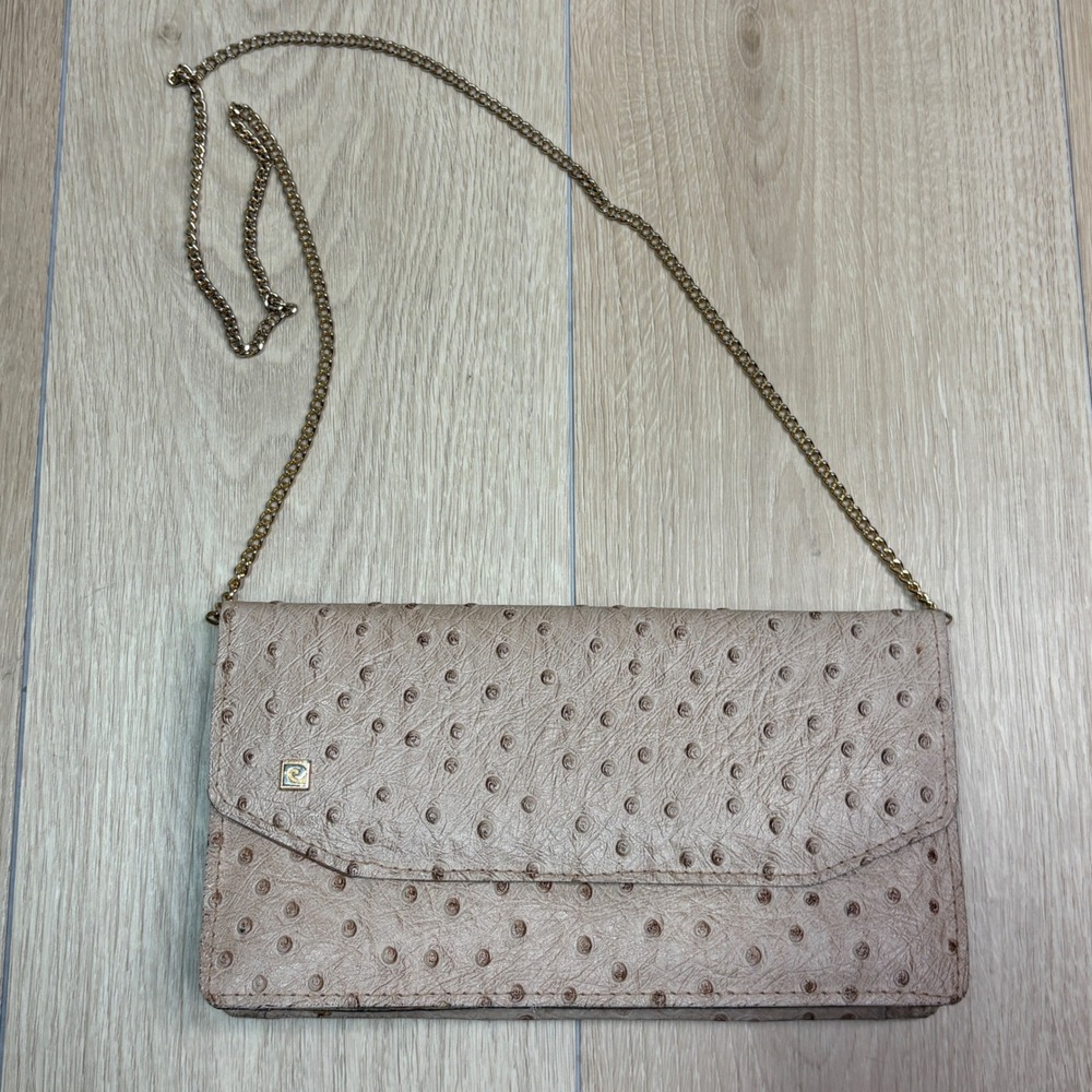 Vintage Pierre Cardin Ostrich Embossed Leather Crossbody Shoulder Bag Beige Gold